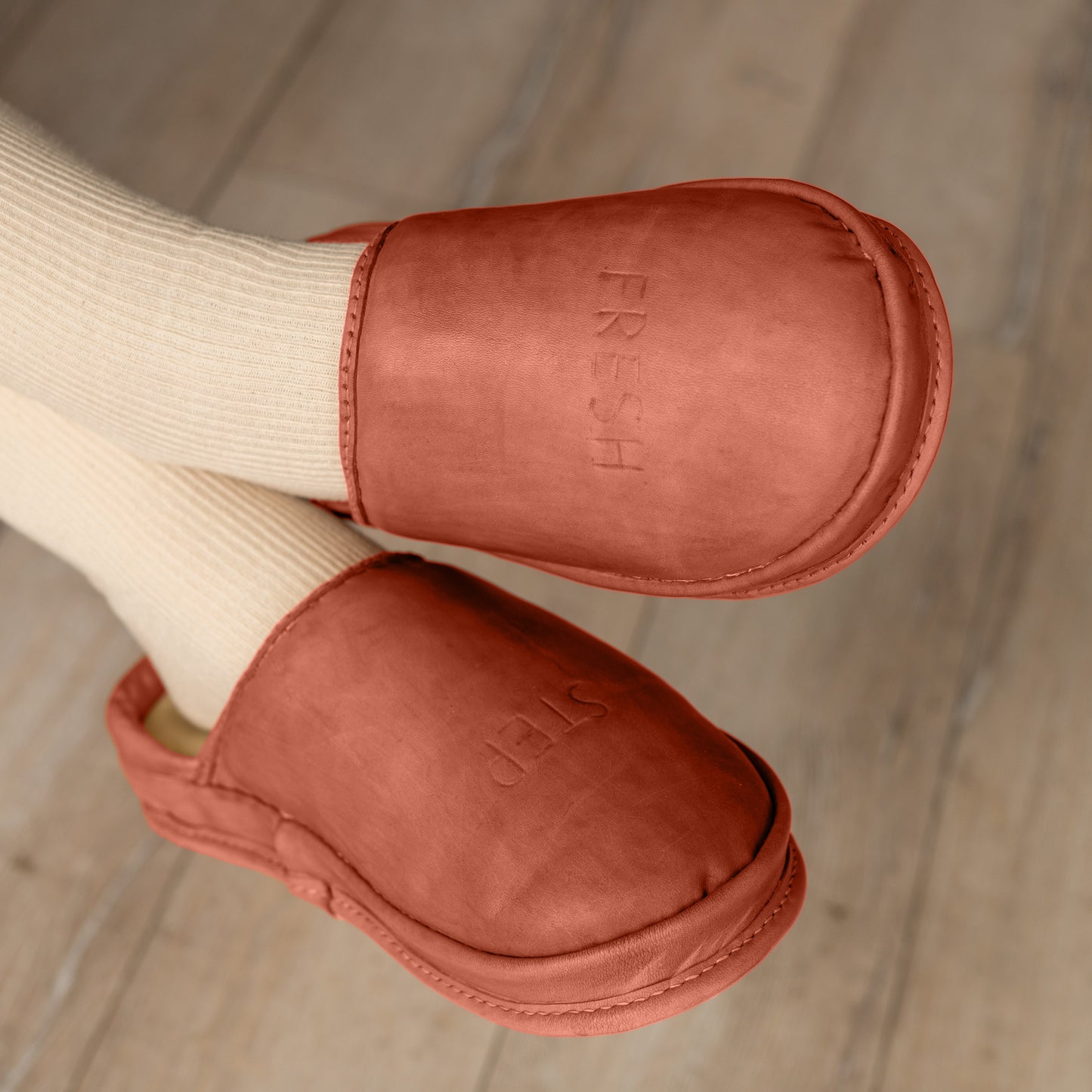 Comfortable anatomical Terracotta Ember leather clogs lifestyle. Soft Terracotta Ember clogs everyday wear.