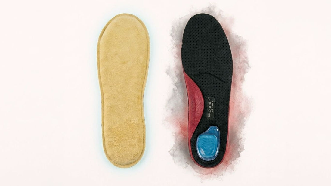Comparison of a natural leather insole with breathable coconut fibre and a synthetic foam insole on a white background.