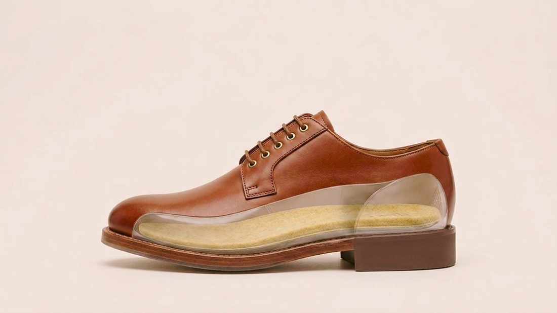 Brown leather dress shoe with visible SPA GAIT adaptive leather insole inside. Shows how the insole moulds to your foot and fits comfortably in classic formal shoes for all-day wear.