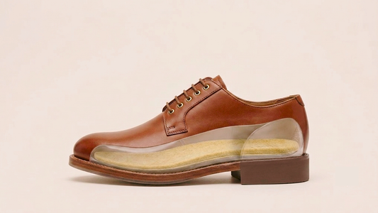 Brown leather dress shoe with visible SPA GAIT adaptive leather insole inside. Shows how the insole moulds to your foot and fits comfortably in classic formal shoes for all-day wear.
