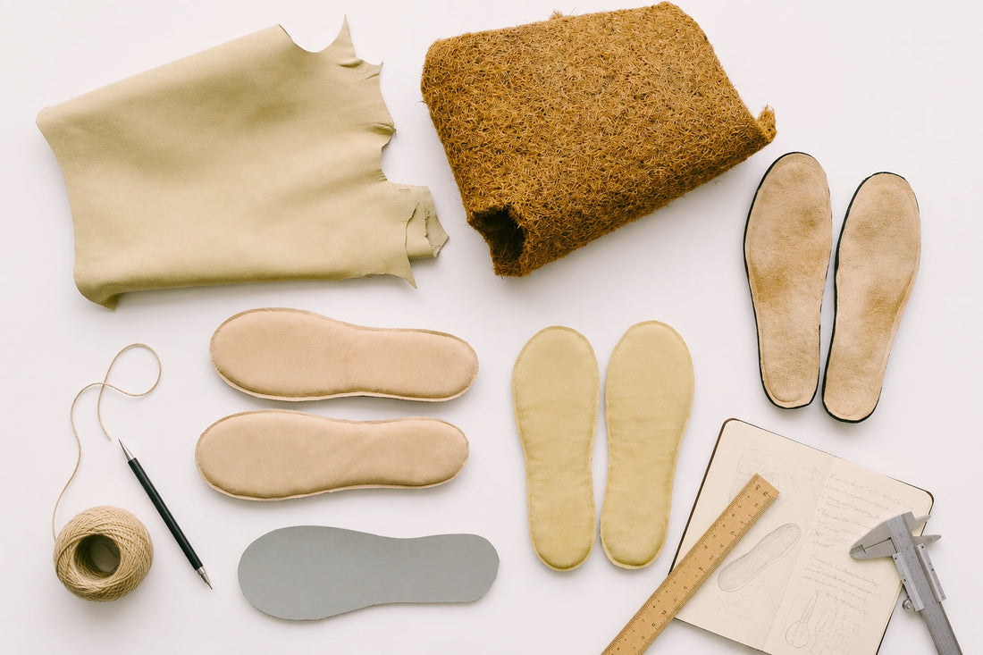 Flat lay of SPA·GAIT insole materials including natural leather, coconut fibre, cushioning base layers, and finished insoles used during long-term wear testing.
