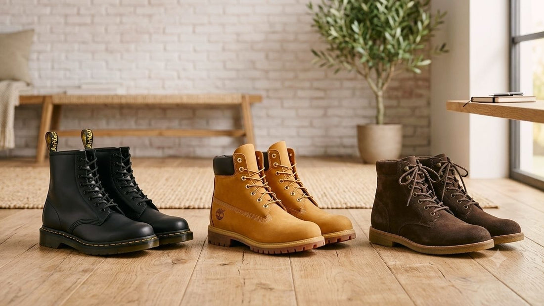 Three pairs of leather boots — black, tan and brown — on a wooden floor. Cover image for the article Insoles for Leather Boots: How to Make Every Step More Comfortable by SPA GAIT.