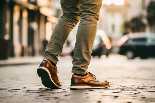 Man walking in premium leather shoes with SPA·GAIT insoles on a cobblestone street during golden hour, showcasing comfort that develops with wear.
