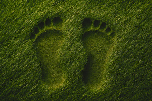 Bare footprint outlines visible in thick green grass, symbolising the natural comfort and freedom of SPA GAIT adaptive footwear