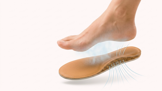 Close-up of a SPA GAIT leather insole showing a premium leather top and breathable coconut fibre layer with airflow passing through the structure.