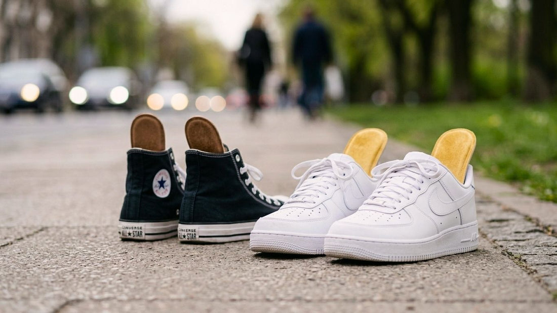 Black Converse All Star and white Nike Air Force 1 sneakers with SPA GAIT adaptive leather insoles visible inside, standing on a city sidewalk.