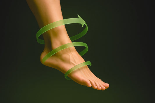 A human foot wrapped by a glowing green spiral arrow, symbolizing movement, energy flow, or circulation.