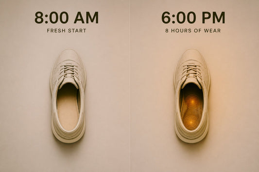 Side‑by‑side comparison showing a shoe at 8:00 AM and after 8 hours of wear, illustrating how the internal environment of footwear changes throughout the day — created for a SPA·GAIT article about what happens inside your shoes over time.