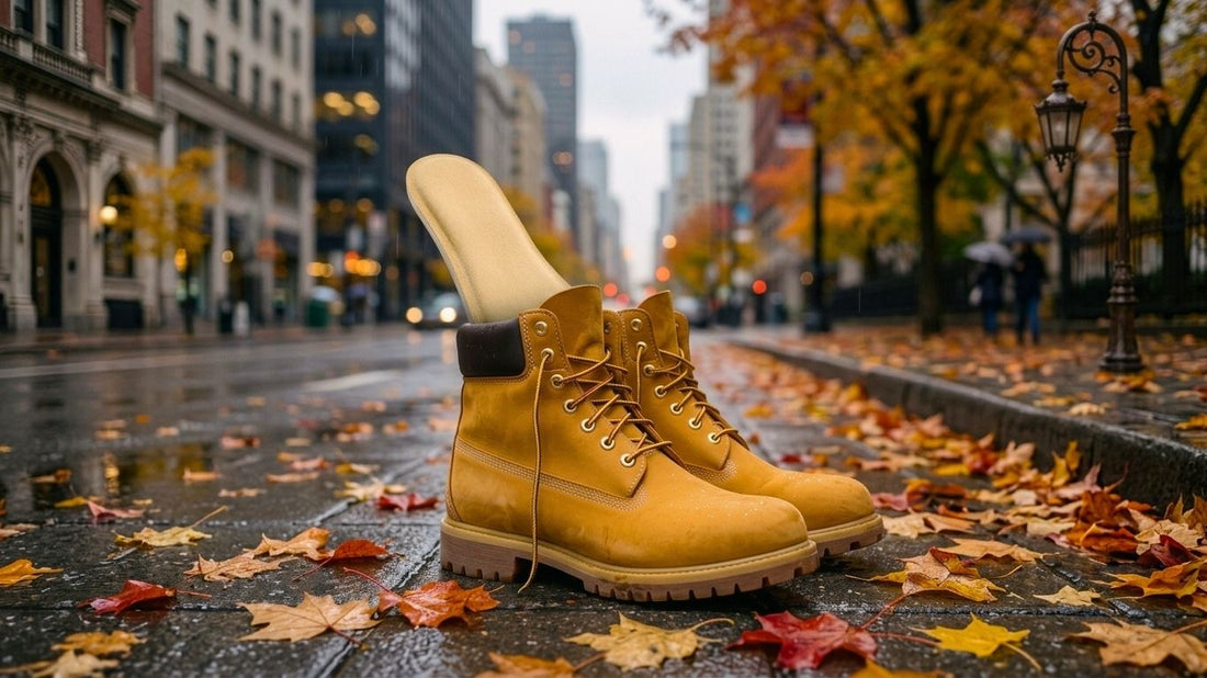 Tan Timberland-style boots on a rainy autumn city street with a SPA GAIT adaptive leather insole visible inside one boot.