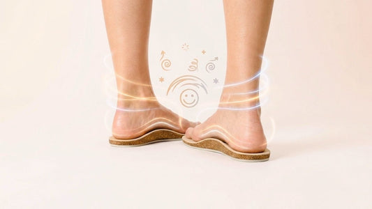 Bare feet standing on SPA GAIT adaptive leather insoles with glowing comfort indicators and a smile icon. Cover image for the article How Adaptive Insoles Reduce Foot Fatigue.