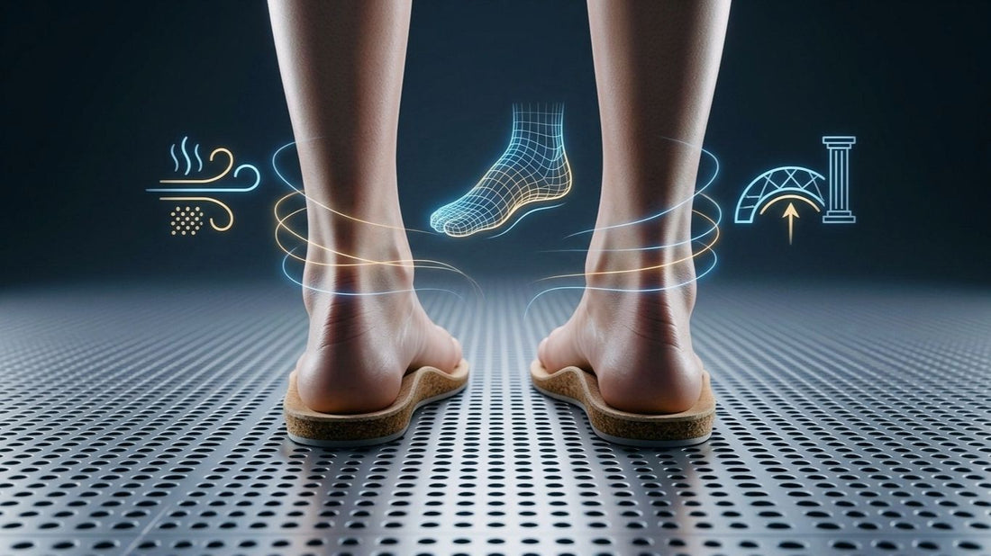 Bare feet standing on SPA GAIT padded leather insoles with icons showing breathability, foot mapping and arch support. Cover image for the article Padded Leather Insoles: Comfort, Support & What to Look For.