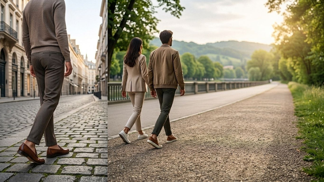 From city streets to weekend escapes: travel essentials for happy feet. SPA GAIT adaptive leather insoles with coconut fibre shown in city loafers and casual sneakers for breathable, personalised comfort on any journey.