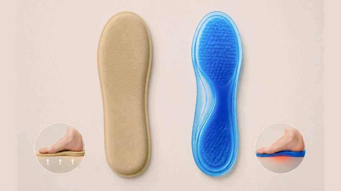Why choose SPA GAIT leather insoles? Comparison showing even pressure distribution and comfort with natural leather (left) versus pressure points with traditional gel insoles (right). Adaptive, breathable support.