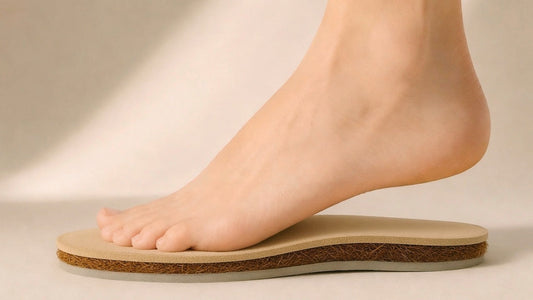 Close-up of a foot on SPA·GAIT three-layer insole demonstrating natural leather, premium coconut fibres and shock-absorbing base