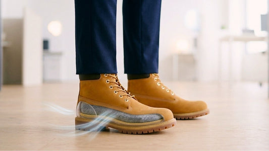 Person in work boots standing in an office with SPA GAIT adaptive insole and airflow effect visible. Cover image for the article Insoles for Standing All Day: What Should You Look For?