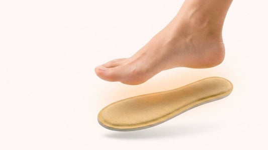 Foot above SPA GAIT leather insole demonstrating comfort and support. Natural leather insoles that mould to your feet and provide all-day freshness and personalised comfort.