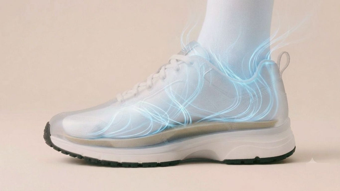 Clean white trainer with a SPA GAIT leather insole showing airflow inside the shoe for improved ventilation and everyday freshness.