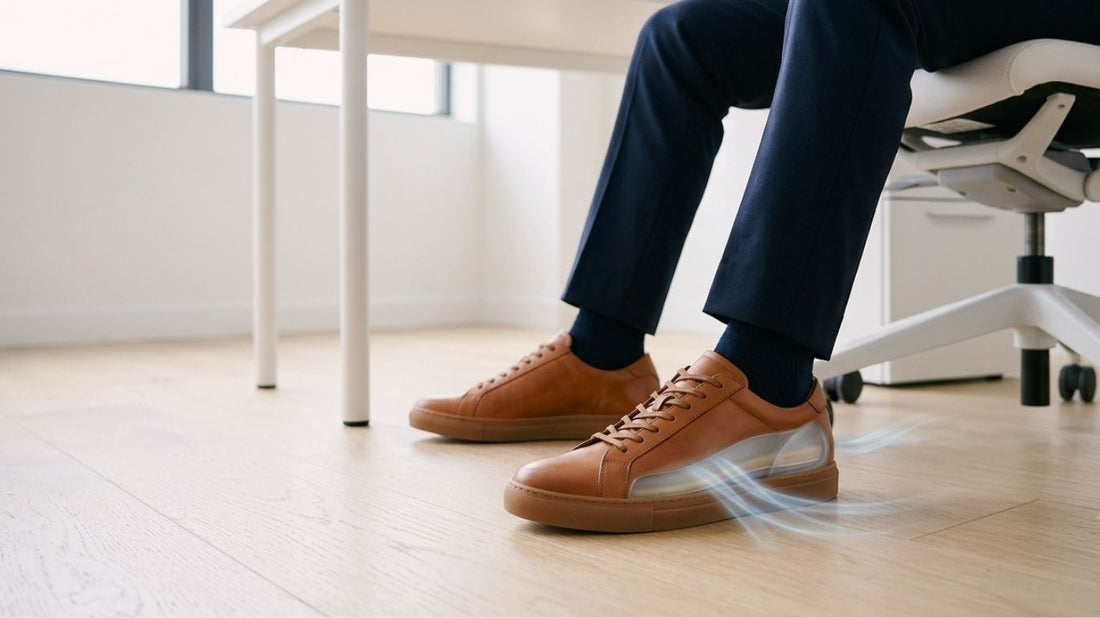 Office worker sitting and standing during the day while wearing shoes with SPA GAIT leather insoles for breathable comfort.
