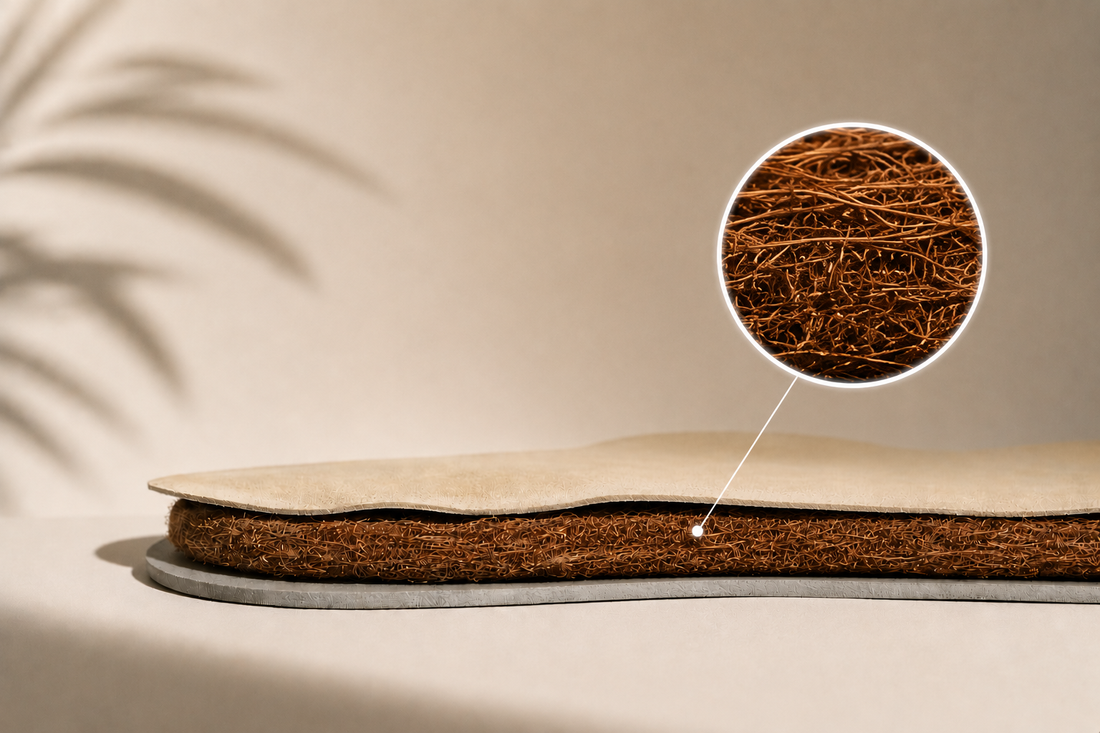 SPA·GAIT adaptive leather insole with coconut-fibre core and cushioning base, shown in a detailed cross-section view.