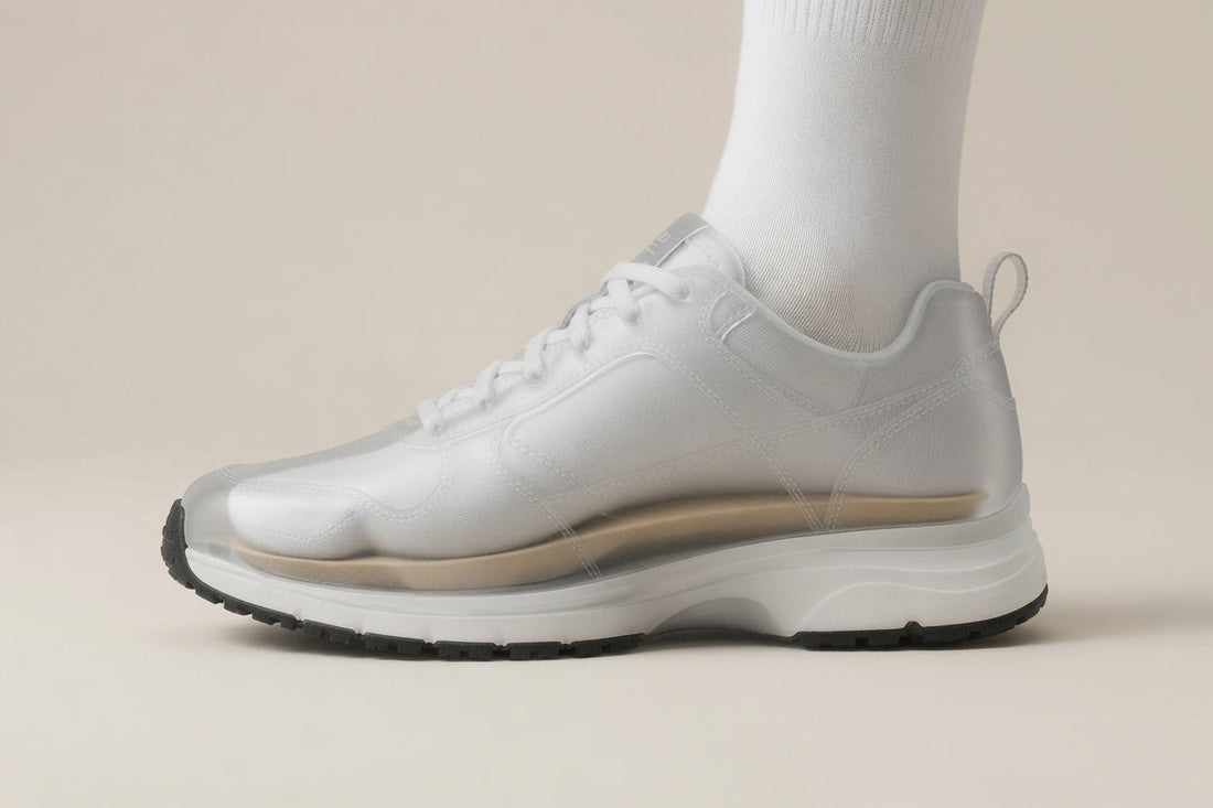 Foot in a white sock wearing a sneaker with a visible SPA GAIT adaptive leather insole. The image demonstrates comfortable and supportive fit designed for people who stand for long hours.