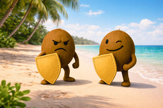 Two protective Spa Guard coconut characters standing on a sunny tropical beach with palm trees and clear ocean behind them. SPA GAIT mascots