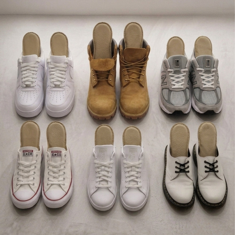 SPA·GAIT Basic insoles placed inside various footwear including Nike, Timberland-style boots, New Balance, Converse and casual leather shoes
