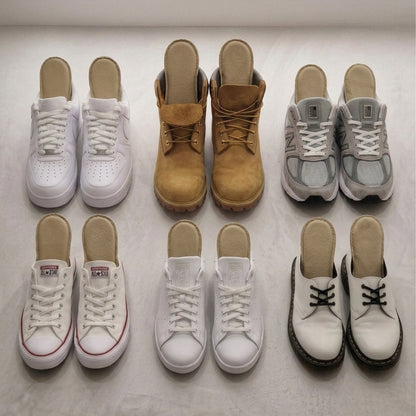 SPA·GAIT Basic insoles placed inside various footwear including Nike, Timberland-style boots, New Balance, Converse and casual leather shoes