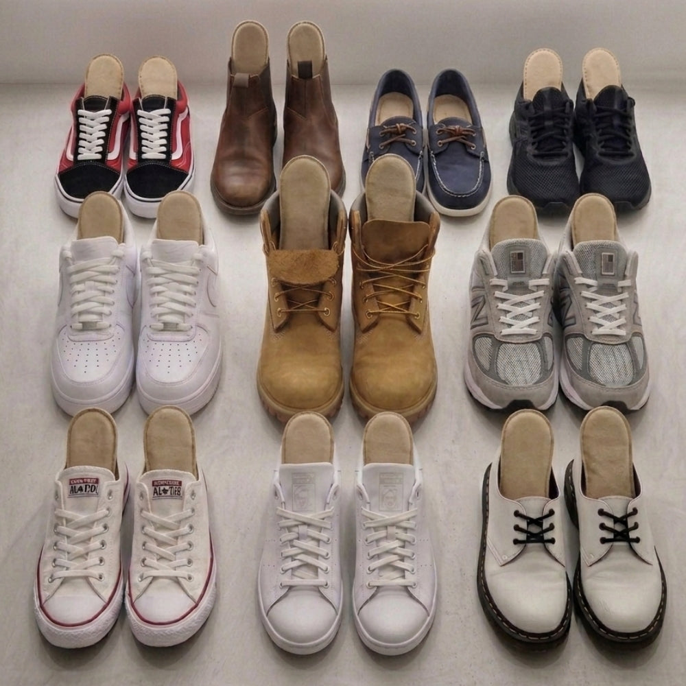 SPA·GAIT Basic insoles placed inside various footwear including Nike, Converse, Timberland-style boots, New Balance and casual leather shoes