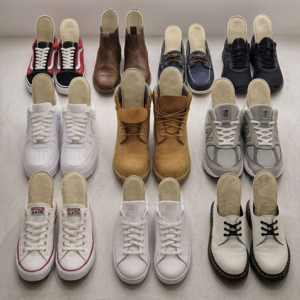 SPA·GAIT Solid supportive insoles shown compatible with different shoes including Nike Air Force, Converse, New Balance and leather boots