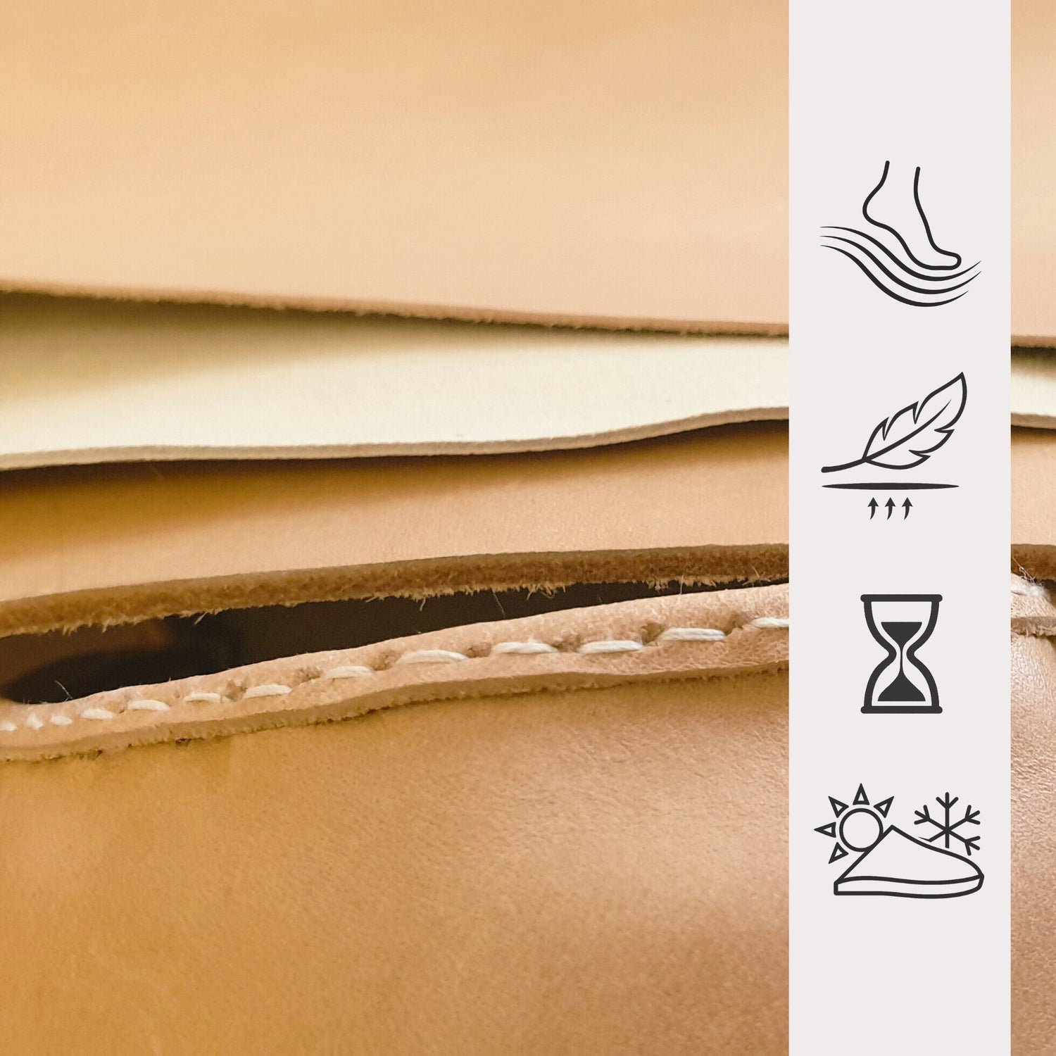 Close-up of SPA GAIT natural leather clogs material, showcasing quality stitching. Icons highlight the shoe’s anatomical shoes design, soft leather clogs feel, and extreme clogs comfort.

Product detail shot of SPA GAIT genuine leather layers and stitching. Icons emphasize the anatomic orthopedic shoes features and eco friendly clogs philosophy.