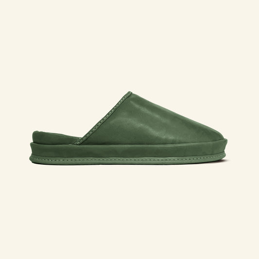 Natural leather clogs for women in Moss Whisper shade shown on white background. These eco friendly clogs are an excellent choice for everyday comfort. 