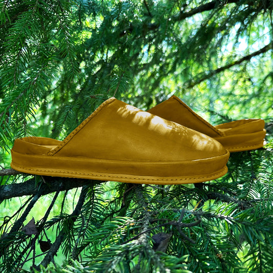Olive Earth leather slippers photographed on a forest backdrop. This image highlights the natural feel and eco friendly design of our anatomical footwear.