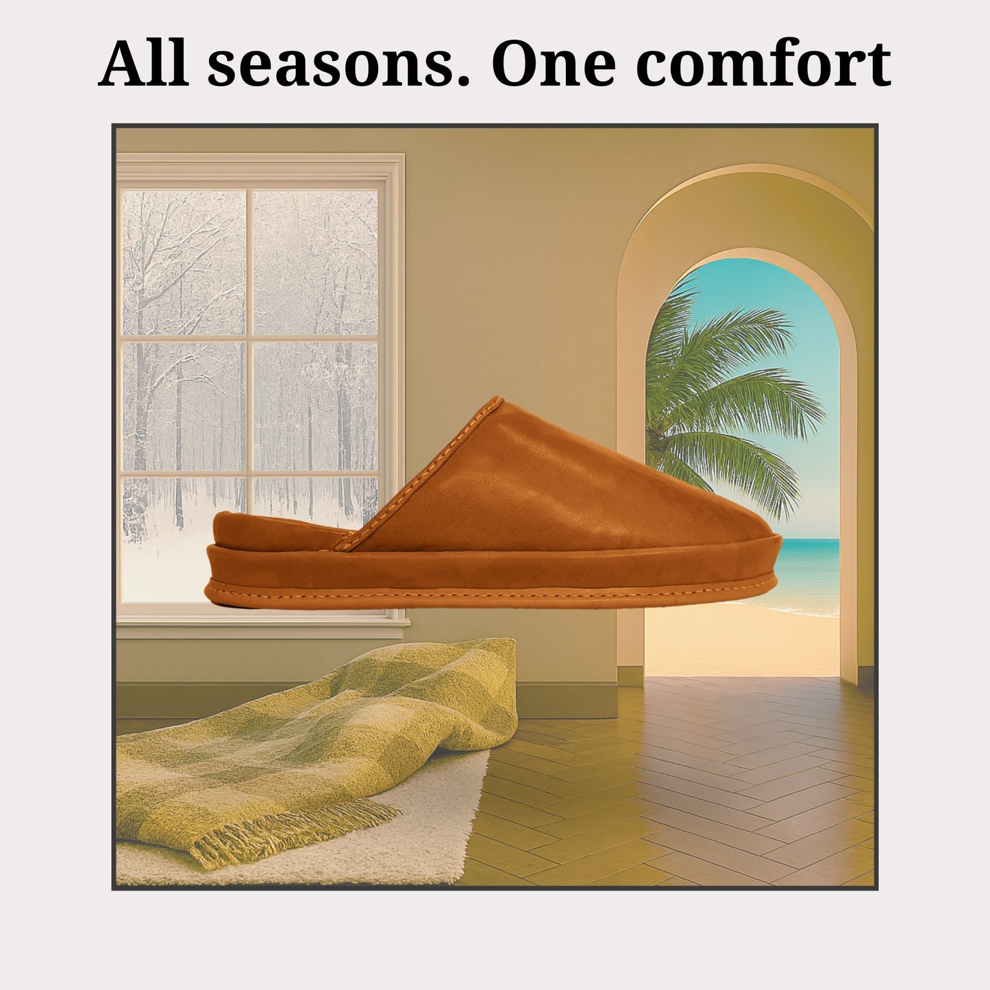 Promotional image for SPA GAIT showcasing a brown anatomical clog placed between two seasonal scenes: snowy winter landscape and tropical summer beach. Text reads “All seasons. One comfort.” Highlights the adaptive footbed, breathable vegetable-tanned leather and year-round versatility of SPA GAIT sustainable footwear. Designed for grounded movement, anatomical support and plastic-free living.


Promotional image for SPA GAIT showcasing a brown anatomical clog placed between two seasonal scenes: snowy winte