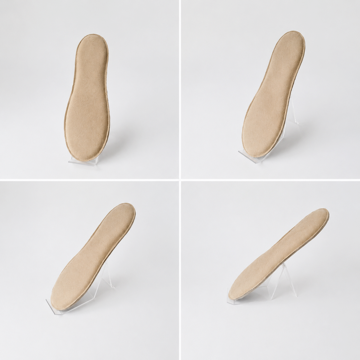 Four views of SPA GAIT Basic leather insoles on a clear stand. Premium thin natural leather designed for flexibility, personalised comfort and breathability during everyday wear.