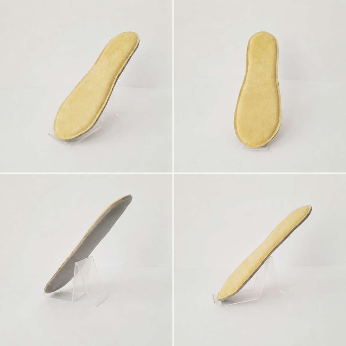 Four views of SPA GAIT Solid adaptive leather insoles on a clear stand. Thicker natural leather with strong structured support that moulds to your feet for lasting comfort and freshness.