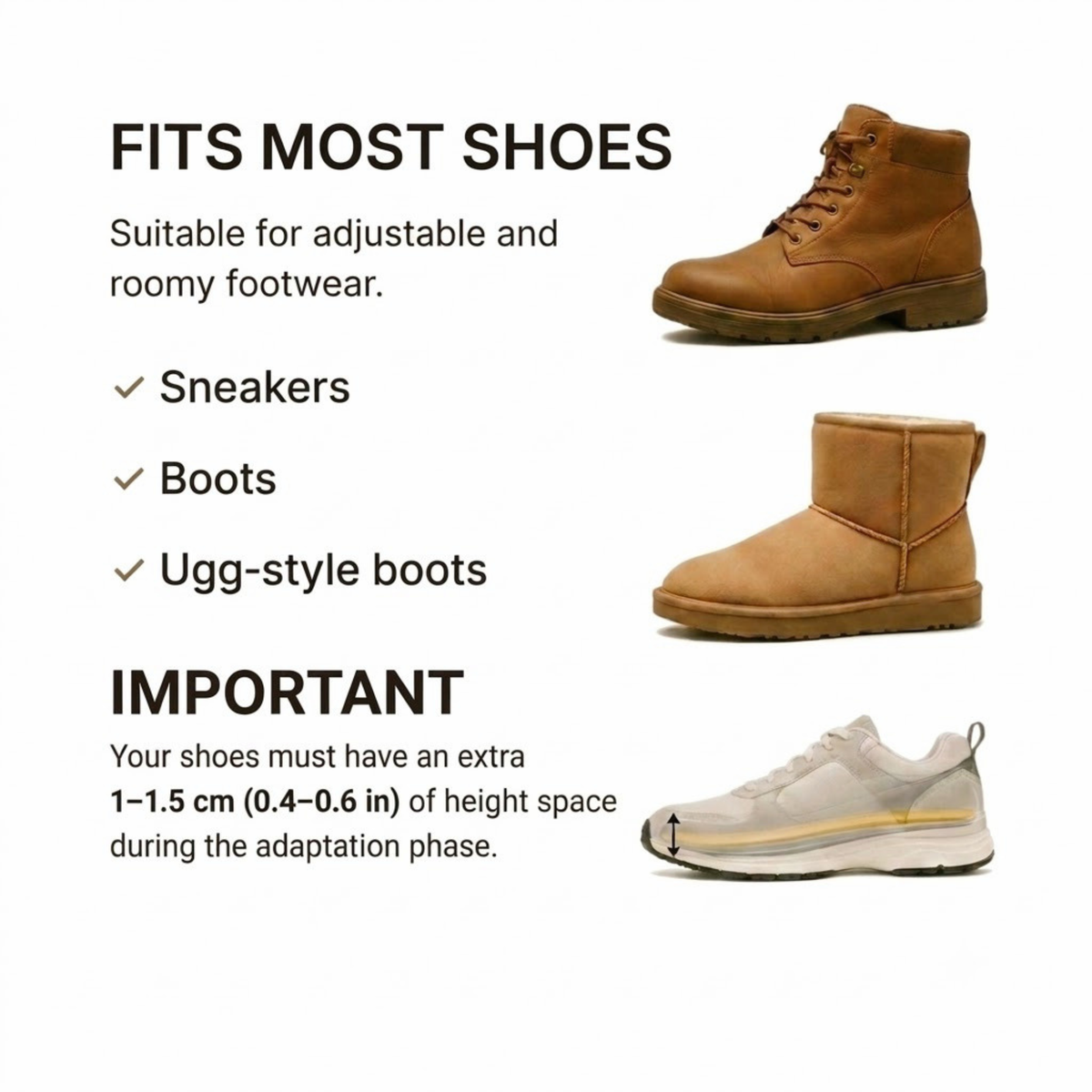An informational product graphic for a shoe adapter or compatibility product, showing three different types of footwear (a brown lace-up boot, a tan suede boot, and a white sneaker) with text explaining that it fits most shoes and requires 1-1.5 cm of height space during adaptation. Important fit information for SPA·GAIT insoles: shoes must have 1–1.5 cm extra height during adaptation. Not suitable for tight or non-adjustable footwear. 