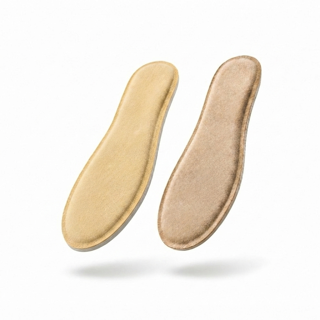 SPA GAIT Basic and Solid adaptive leather insoles side by side. Basic insole on the left with a smoother finish, Solid insole on the right with a more textured surface. Both designed to mould to your feet for personalised comfort.