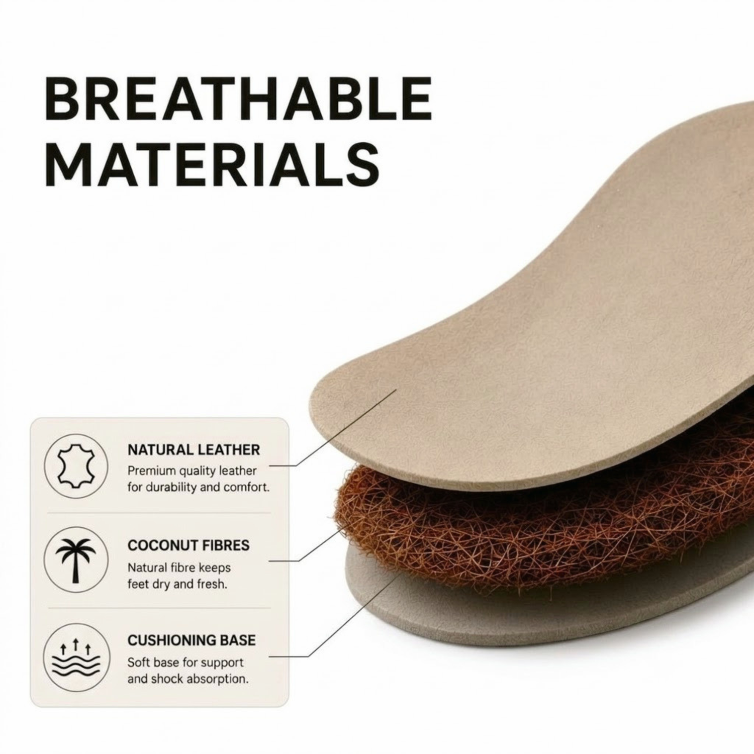 SPA·GAIT adaptive insole structure featuring natural leather, breathable coconut fibres and shock-absorbing cushioning base