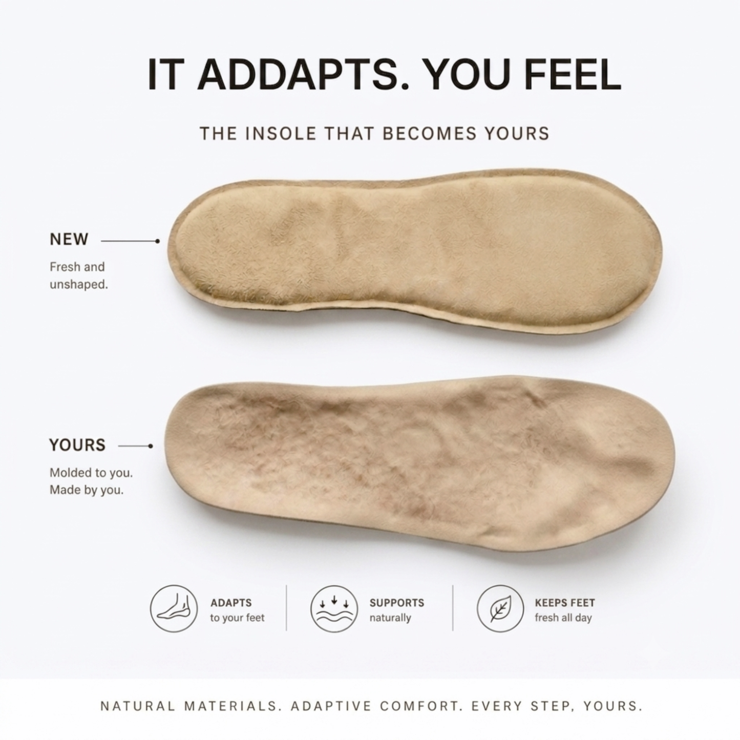 SPA GAIT adaptive leather insole adaptation: new fresh insole (top) compared to a worn-in personalised insole that has moulded to the shape of the foot (bottom). Breathable natural materials that adapt and become more comfortable over time.