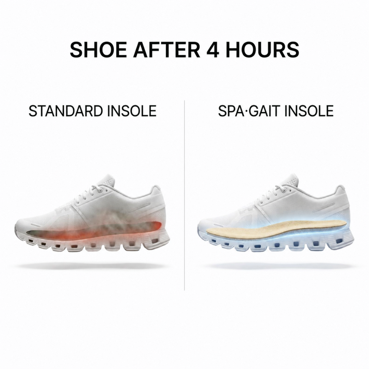 SPA GAIT adaptive leather insole vs standard insole after 4 hours. Left side shows pressure points with standard insole, right side shows improved comfort and support with SPA GAIT leather insole.