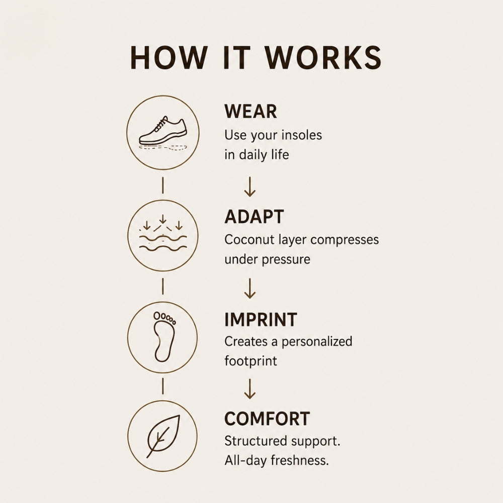 SPA GAIT “How It Works” graphic showing four steps: Wear, Adapt, Imprint and Comfort, with icons illustrating how the coconut‑fibre footbed compresses, forms a personalised imprint and delivers natural, all‑day comfort.